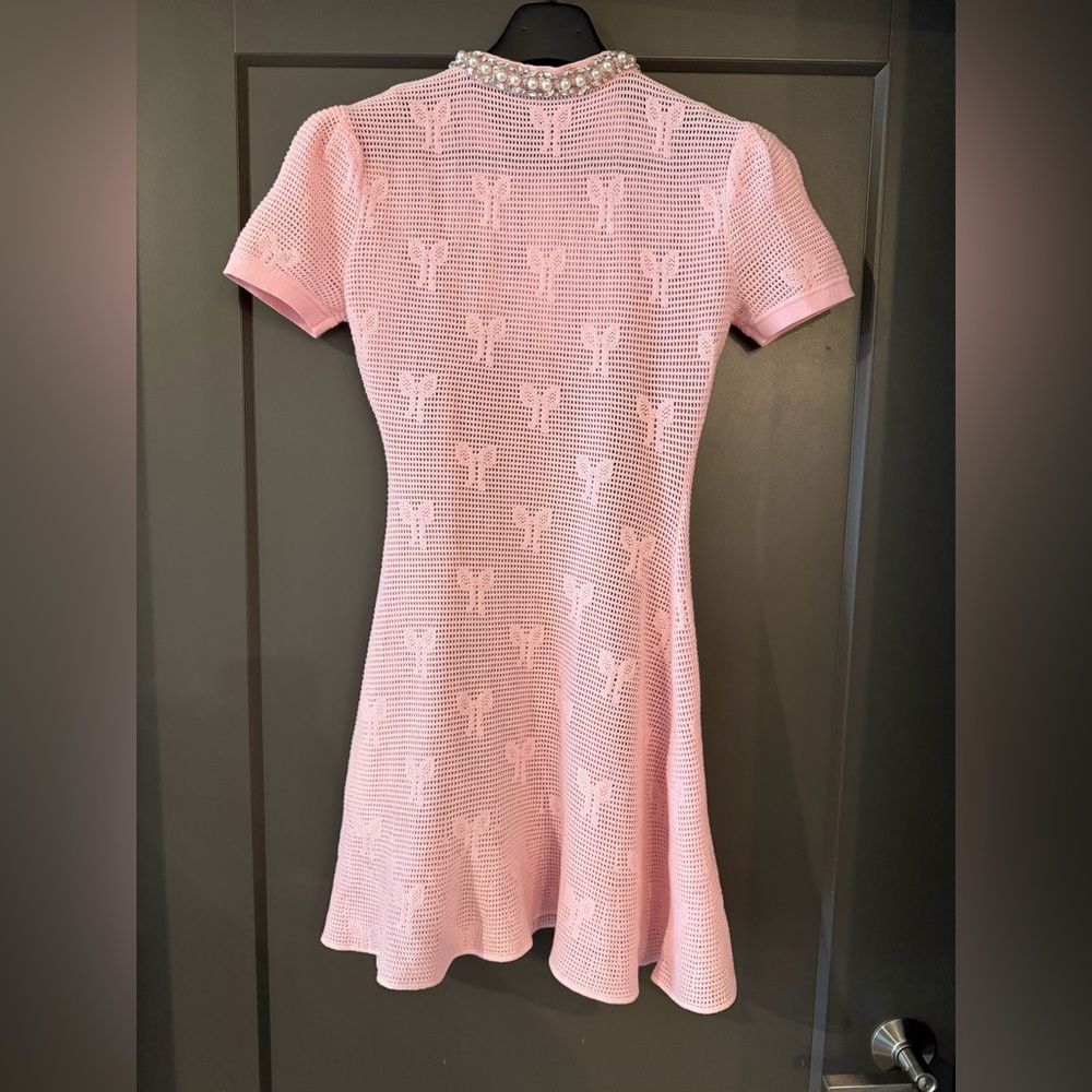 Self-Portrait Pink Short-Sleeve Knit Pocket Dress with Pearl Buttons - Picture 8 of 9